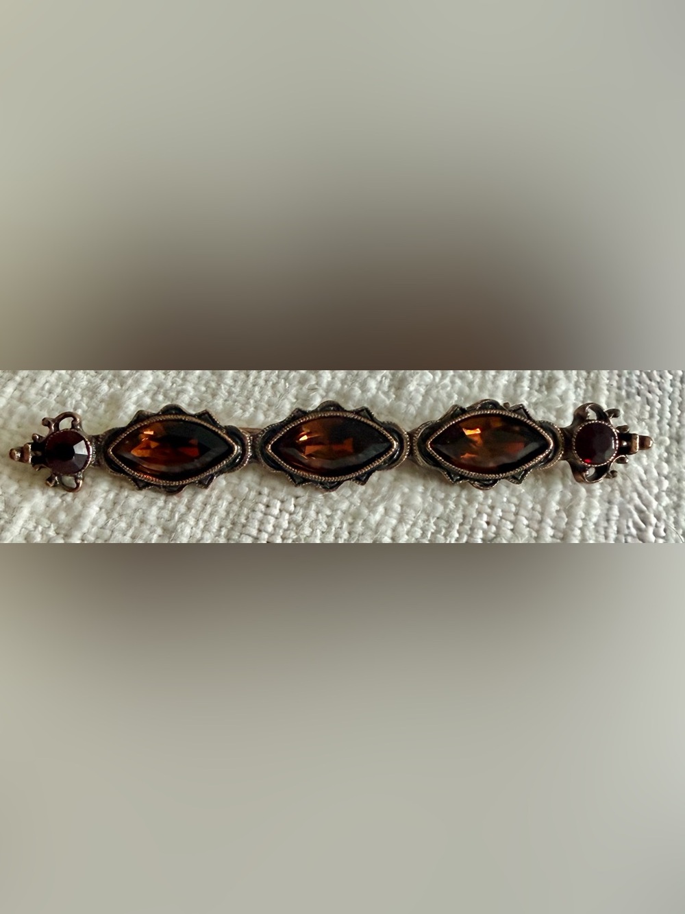 1928 Bar Brooch w/Amber Colored Rhinestones & Copper tone metal